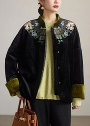 Loose Black Embroidered Button Cotton Filled Coat Winter