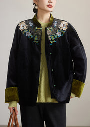 Loose Black Embroidered Button Cotton Filled Coat Winter