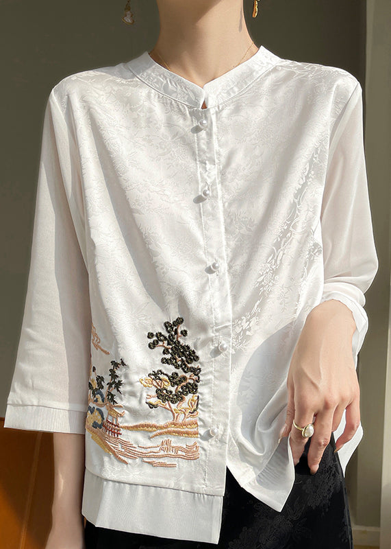 Loose Black Embroidered Button Silk Shirts Bracelet Sleeve