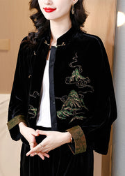 Loose Black Embroidered Button Silk Velour Coat Fall