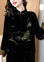 Loose Black Embroidered Button Silk Velour Coat Fall