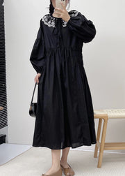 Loose Black Embroidered Lace Up Cotton Dress Spring