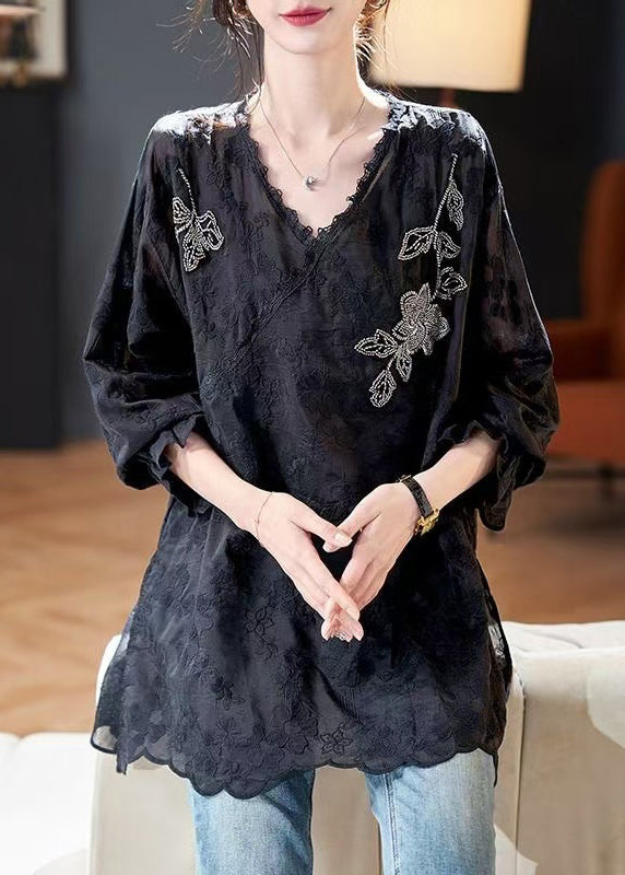 Loose Black Embroidered Nail Bead Side Open Silk Cotton Tops Spring