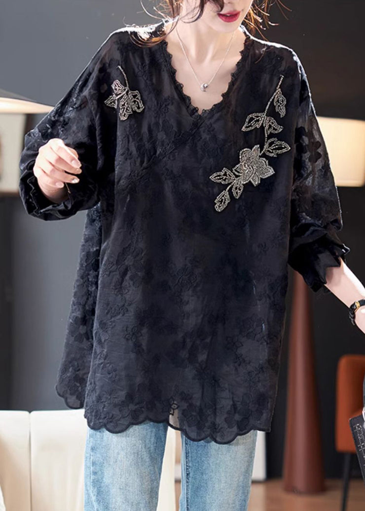 Loose Black Embroidered Nail Bead Side Open Silk Cotton Tops Spring