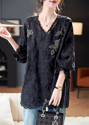 Loose Black Embroidered Nail Bead Side Open Silk Cotton Tops Spring