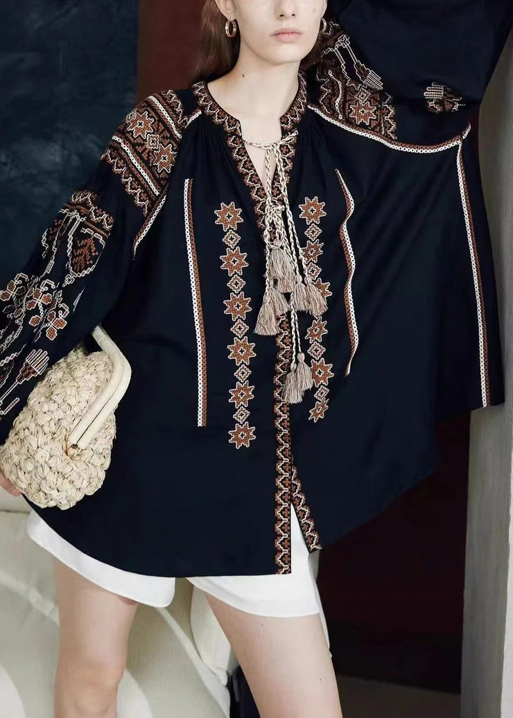 Loose Black Embroidered Patchwork Linen Shirts Puff Sleeve