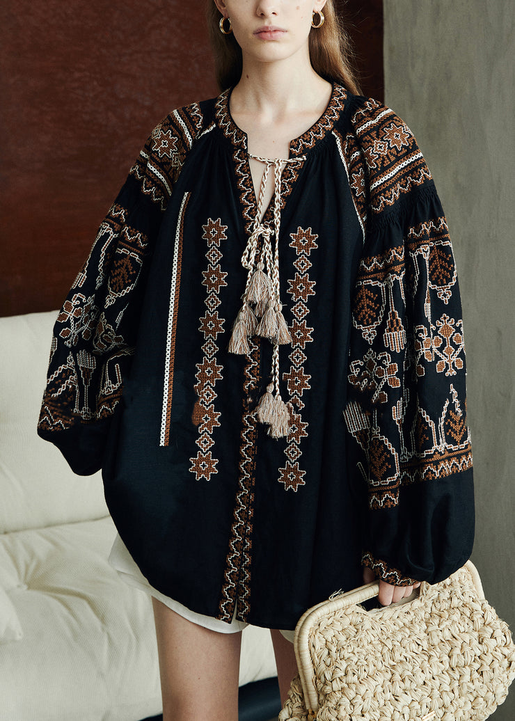 Loose Black Embroidered Patchwork Linen Shirts Puff Sleeve