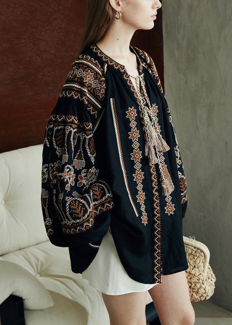 Loose Black Embroidered Patchwork Linen Shirts Puff Sleeve