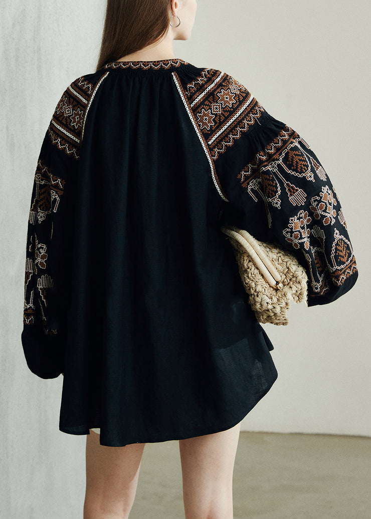 Loose Black Embroidered Patchwork Linen Shirts Puff Sleeve