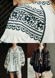 Loose Black Embroidered Patchwork Linen Shirts Puff Sleeve