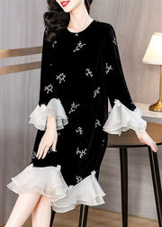 Loose Black Embroidered Patchwork Silk Velvet Dress Flare Sleeve