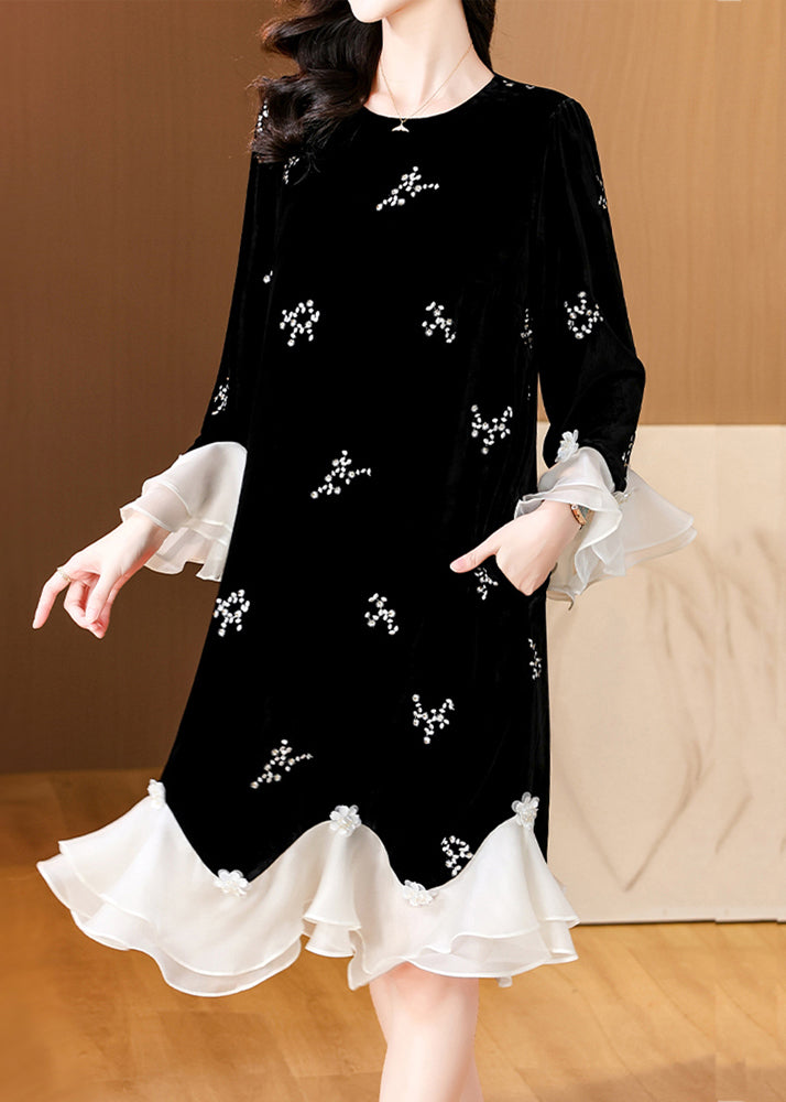 Loose Black Embroidered Patchwork Silk Velvet Dress Flare Sleeve