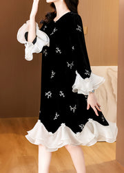 Loose Black Embroidered Patchwork Silk Velvet Dress Flare Sleeve