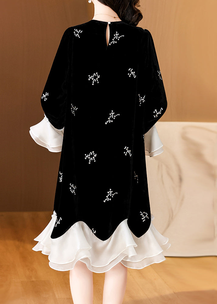 Loose Black Embroidered Patchwork Silk Velvet Dress Flare Sleeve