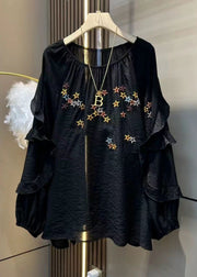 Loose Black Embroidered Ruffled Solid Cotton Tops Long Sleeve