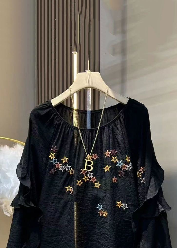 Loose Black Embroidered Ruffled Solid Cotton Tops Long Sleeve