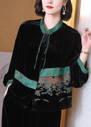 Loose Black Embroidered Button Silk Velour Top Long Sleeve