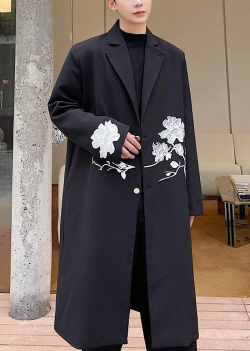 Loose Black Embroideried Button Spandex Men Long Trench Coat Fall