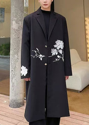 Loose Black Embroideried Button Spandex Men Long Trench Coat Fall