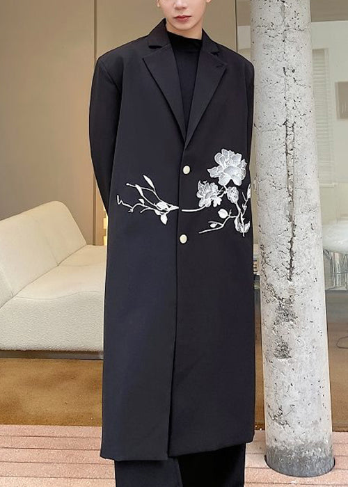 Loose Black Embroideried Button Spandex Men Long Trench Coat Fall