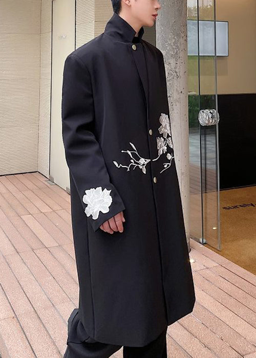 Loose Black Embroideried Button Spandex Men Long Trench Coat Fall