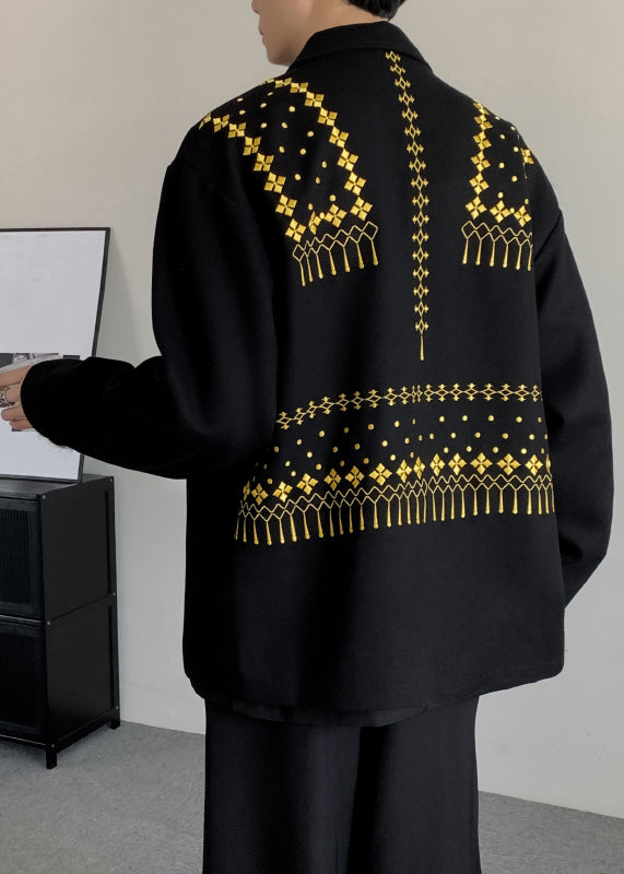 Loose Black Embroideried Button Woolen Mens Coats Winter