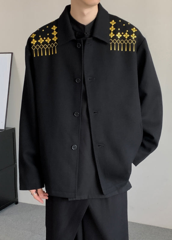 Loose Black Embroideried Button Woolen Mens Coats Winter