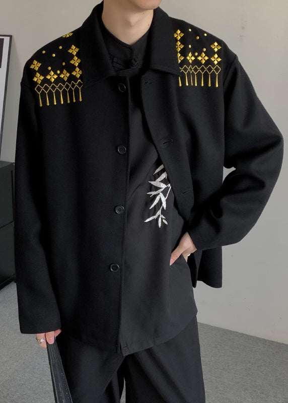 Loose Black Embroideried Button Woolen Mens Coats Winter