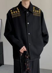 Loose Black Embroideried Button Woolen Mens Coats Winter