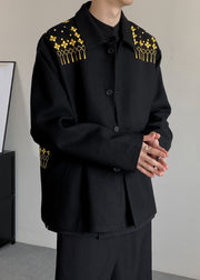 Loose Black Embroideried Button Woolen Mens Coats Winter