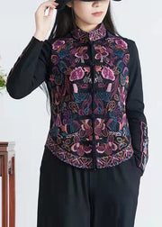 Loose Black Embroidered Chinese Button Patchwork Linen Waistcoat Sleeveless