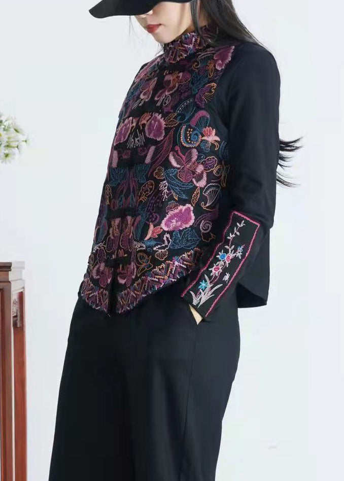 Loose Black Embroidered Chinese Button Patchwork Linen Waistcoat Sleeveless