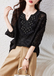 Loose Black Embroidered Nail Bead Patchwork Chiffon Shirt Tops Summer