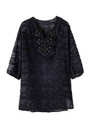 Loose Black Embroideried Nail Bead Patchwork Chiffon Shirt Tops Summer