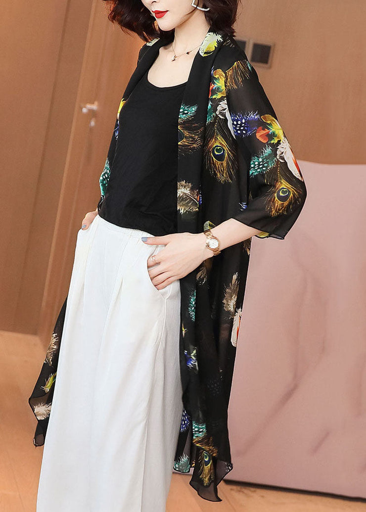 Loose Black Feather Print Patchwork Chiffon Cardigan Summer