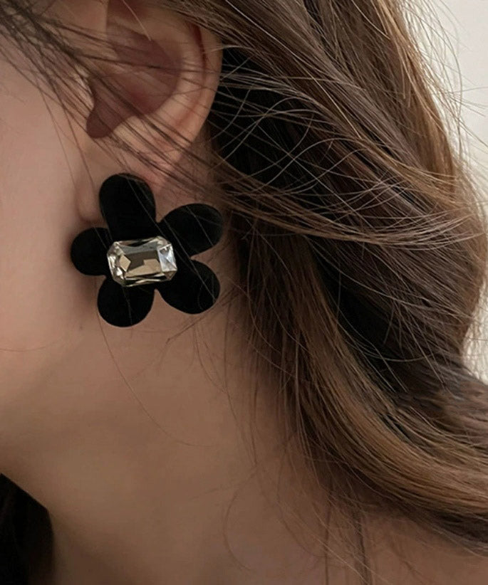 Loose Black Flocking Floral Zircon Stud Earrings