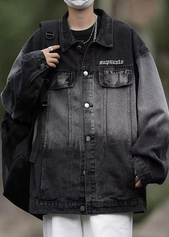 Loose Black Gradient Color Pockets Denim Mens Coats Spring