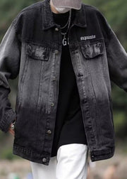 Loose Black Gradient Color Pockets Denim Mens Coats Spring