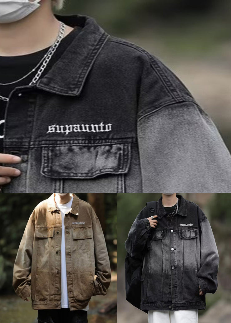 Loose Black Gradient Color Pockets Denim Mens Coats Spring