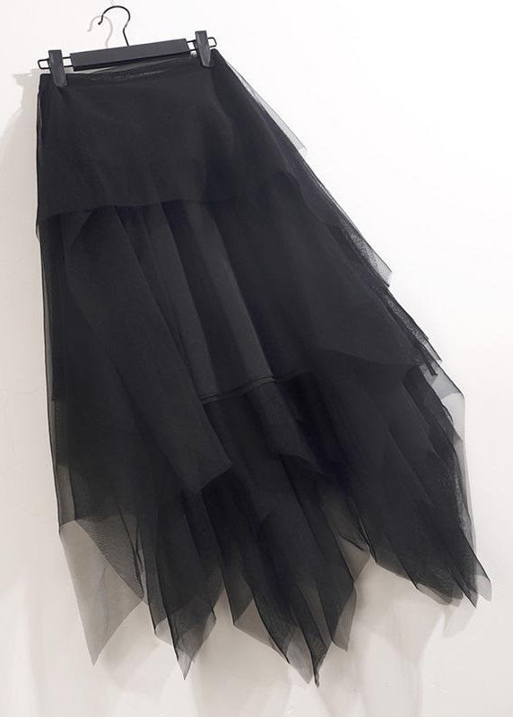 Loose Black Grey Asymmetrical Wrinkled Tulle Skirts Summer