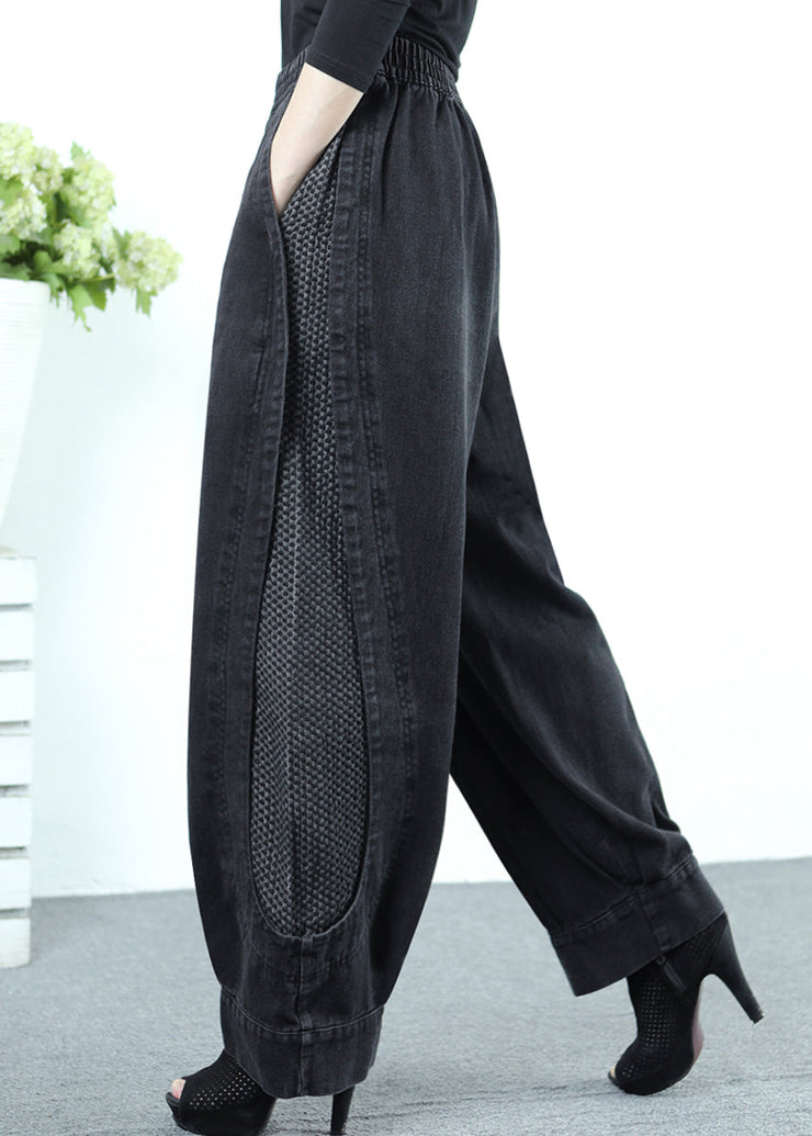 Loose Black Grey Patchwork Elastic Waist Denim Crop Pants Fall