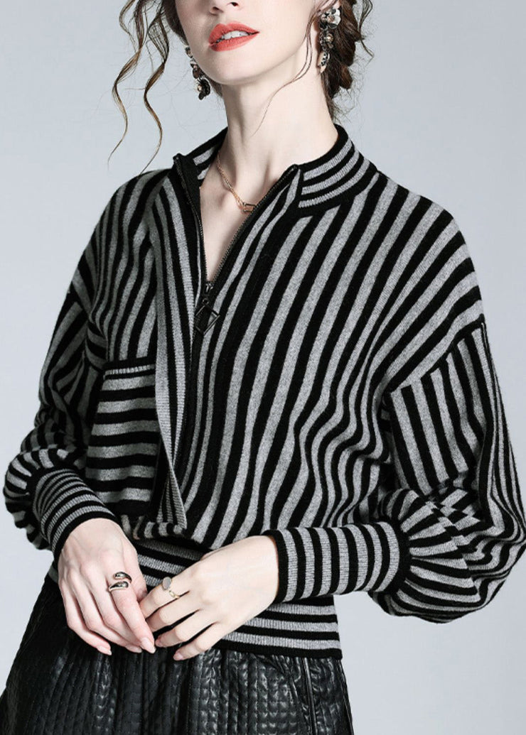 Loose Black Grey Striped Button Woolen Shirts Long Sleeve