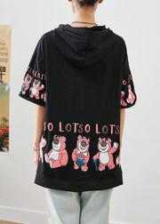 Loose Black Hooded Bears Print Cotton Sweatshirts Tops Fall