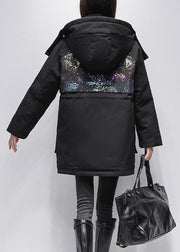 Loose Black Hooded Drawstring Patchwork Duck Down Down Coat Long Sleeve