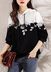 Loose Black Hooded Embroidered Patchwork Cotton Top Long Sleeve