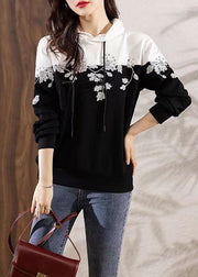 Loose Black Hooded Embroidered Patchwork Cotton Top Long Sleeve