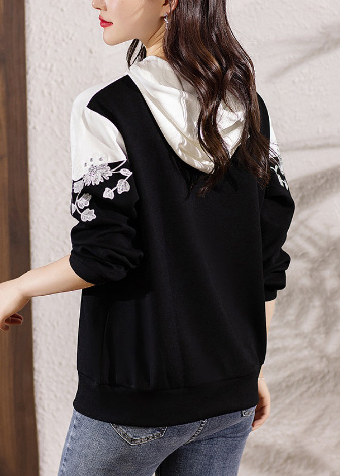 Loose Black Hooded Embroideried Patchwork Cotton Top Long Sleeve