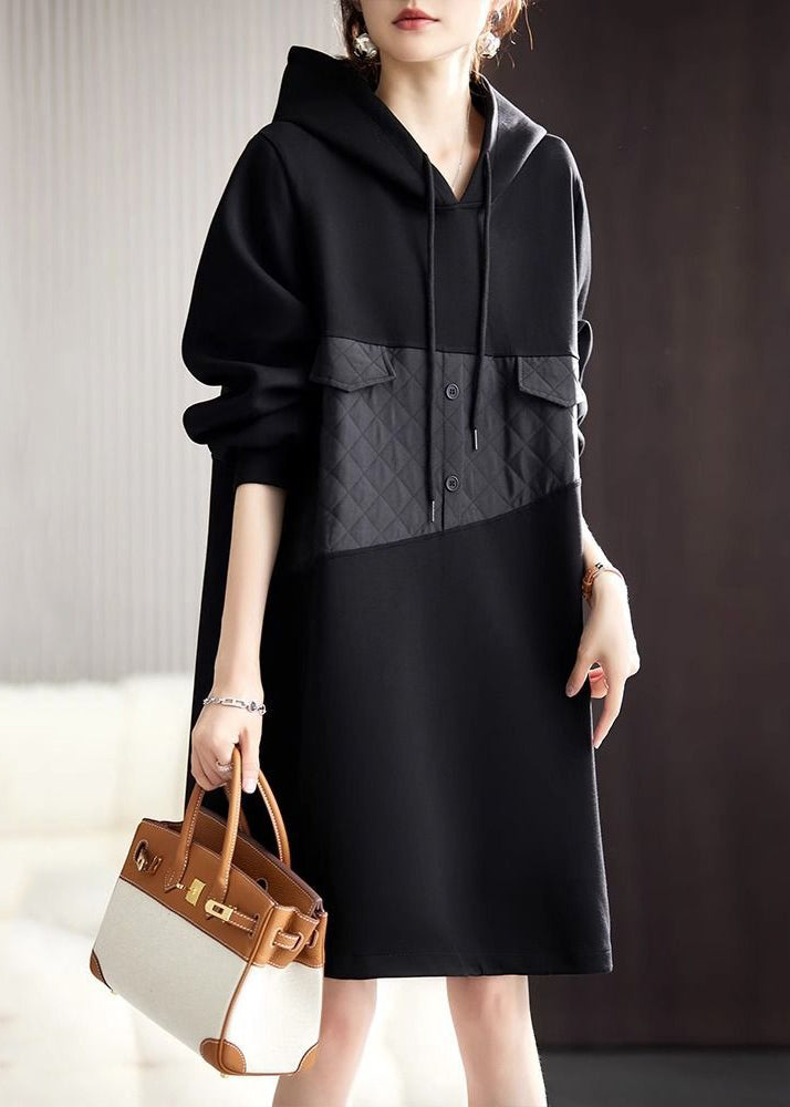 Loose Black Hooded Lace Up Patchwork Cotton Mid Dress Spring