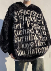 Loose Black Hooded Letter Mink Velvet Men Sweaters Winter