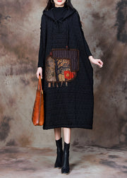 Loose Black Hooded Patchwork Cotton Filled Dresses Winter